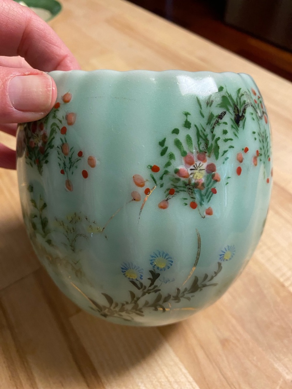 Hand-Painted Jade Green Floral Glass Vase with Gold Accents